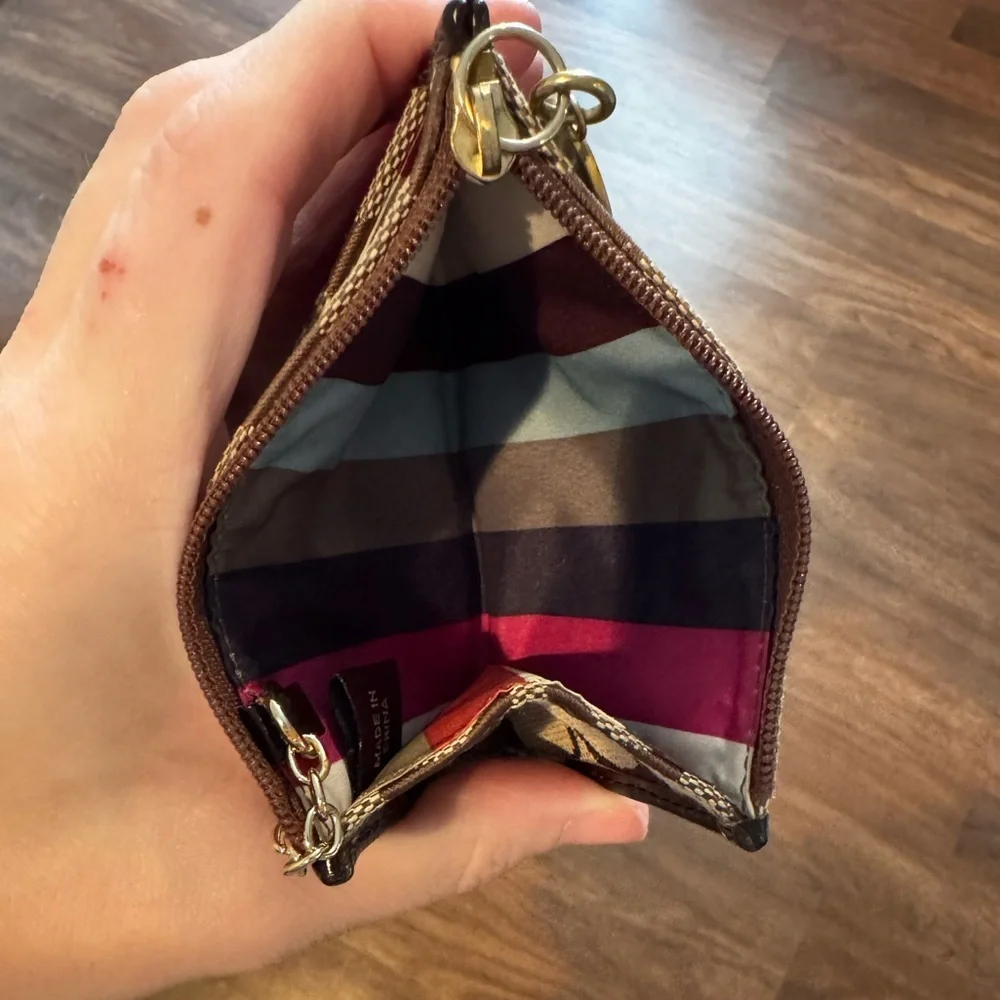 Coach Brown and Tan CC Patterned Change Purse with Key Ring